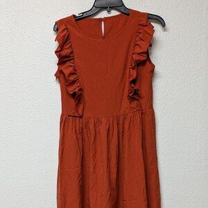 Brick Orange Sleeveless Midi Dress with Ruffles and Back Button Closure